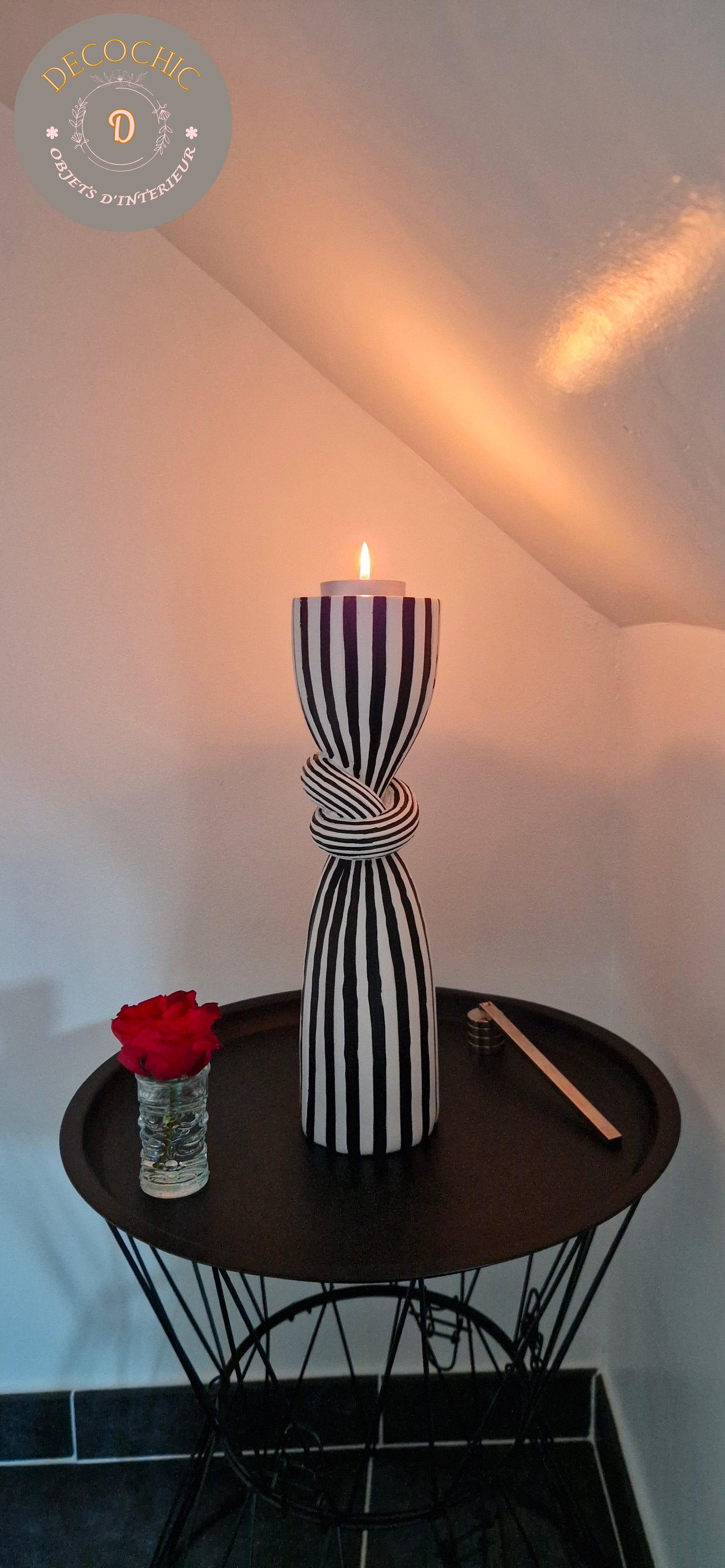 Bougeoir Elégant "Rayures et Nœud"